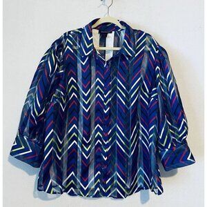 Ashley Stewart Top Womens 18 Blue Striped Sheer Puffy Sleeve Organza Artsy Boho
